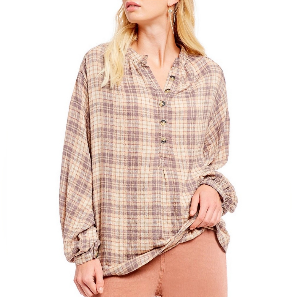 NWT Free People North Bound Pullover in Beige plaid